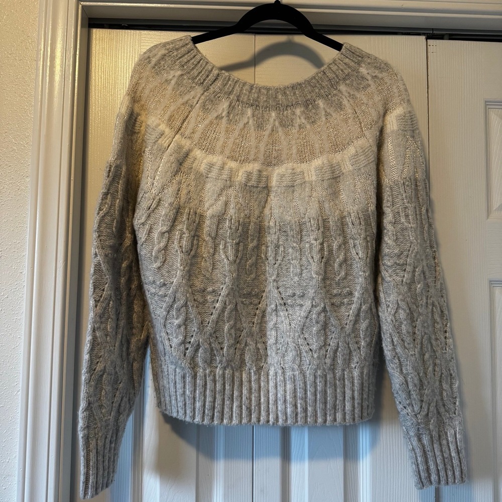 White House Black Market Gray Cable Knit Sweater Medium Cozy Sparkle